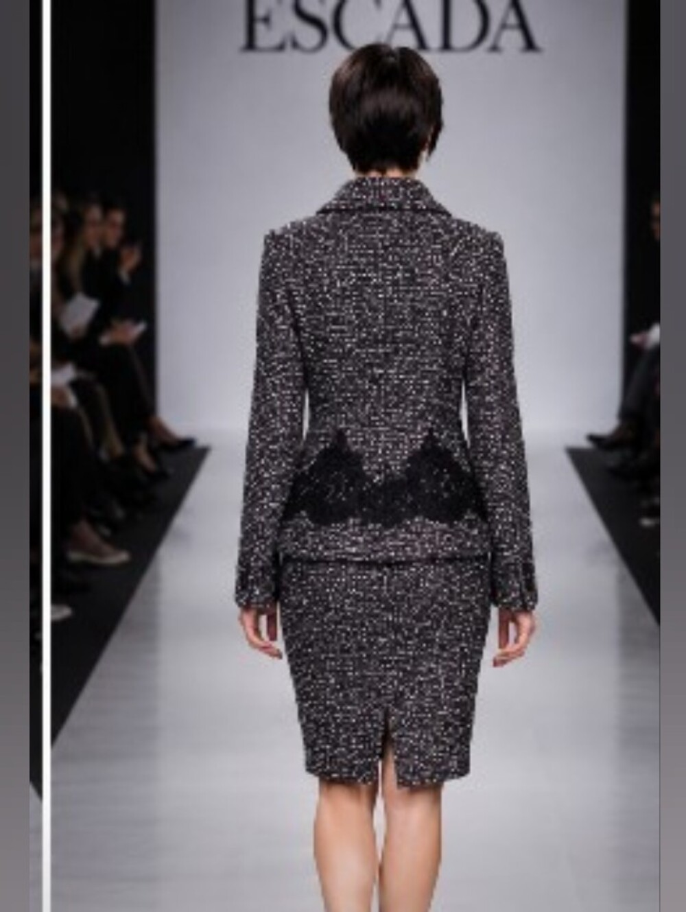 EXQUISITE ESCADA WOOL COTTON BLEND BLACK WHITE TWEED BOUCLE LACE SKIRT SUIT 10/8 - Picture 3 of 16